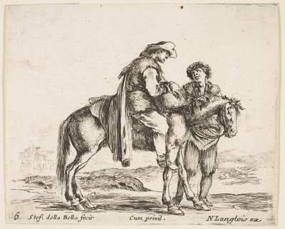 Planche 6 : un paysan à cheval de profil tourné vers la droite, tenant un panier et t..., vers 1644-47 - Stefano della Bella