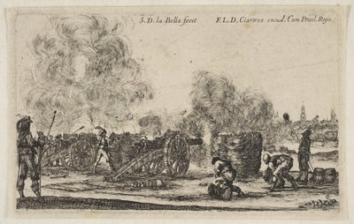 Planche 6 : batterie de canons tirant sur une ville, de Varii Capricci Militari - Stefano della Bella