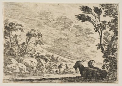 Planche 9 : Deux chèvres reposant à droite, tournées vers la gauche, quatre hommes et un cheval à droite, 1642 - Stefano della Bella