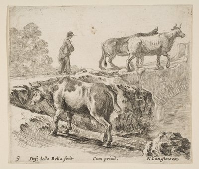 Planche 9 : une vache montant une berge, une paysanne menant deux vaches à travers un pont..., vers 1644-47 - Stefano della Bella