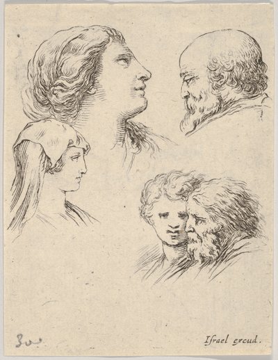 Planche 9 : cinq têtes, deux jeunes femmes à gauche, un homme barbu en haut à droite, une jeune femme..., vers 1649 - Stefano della Bella