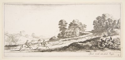 Deux cavaliers à gauche galopant en montée vers la droite, un cheval et un homme assis, vers 1641 - Stefano della Bella