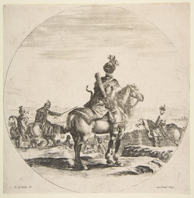 Cavalier polonais avec un arc et des flèches, vu de dos avec son cheval tourné vers la droite, un..., vers 1651 - Stefano della Bella
