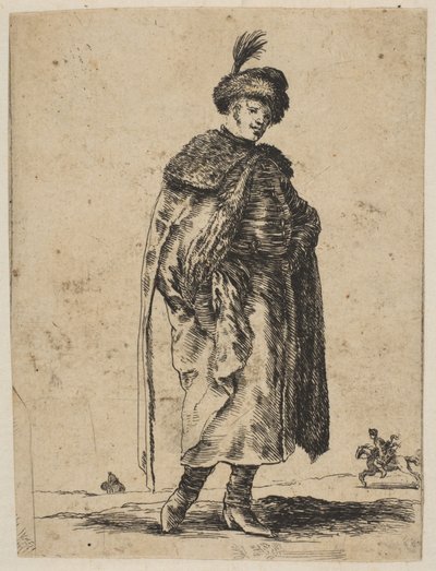 Homme polonais avec une moustache portant un manteau de fourrure et un chapeau avec une plume - Stefano della Bella
