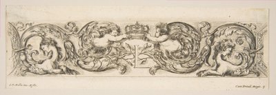 Rinceaux avec deux enfants tenant une couronne royale au-dessus de la lettre L, Planche 3 de: 
