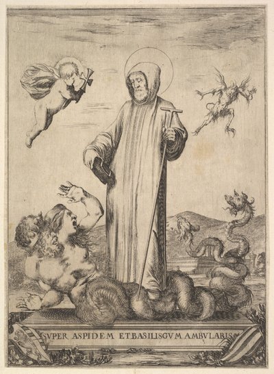Saint Jean Gualbert piétinant un monstre à deux têtes humaines et un corps serpentin, un vol - Stefano della Bella