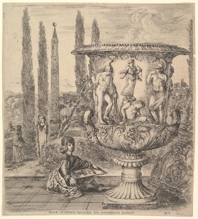 Le vase Médicis, un grand vase à droite décoré d