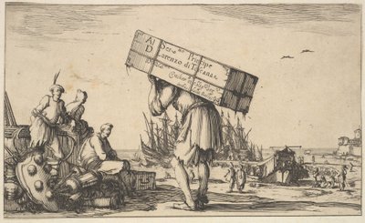 Page de titre : un homme portant une caisse sur son dos au centre, trois hommes le regardant..., 1639 - Stefano della Bella