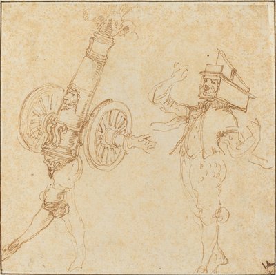 Deux hommes en costumes de mascarade : un canon tirant et un chat dans une souricière, vers 1645 - Stefano della Bella