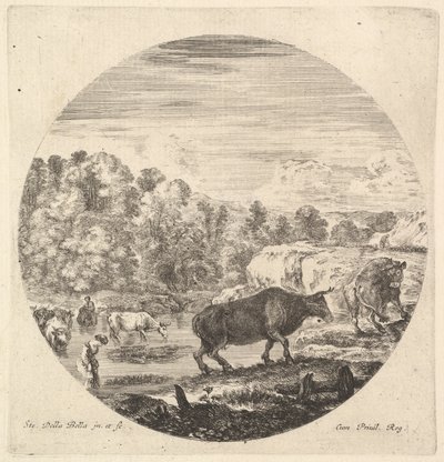 Deux vaches au centre, suivies de deux paysannes et d