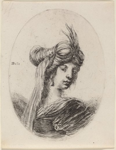 Femme avec un turban à plumes et un voile, tournée vers la droite, 1649-1650 - Stefano della Bella