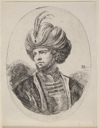 Jeune Maure à la barbe légère et au turban orné de plumes, tourné vers la gauche - Stefano della Bella