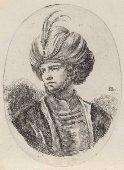 Jeune Maure avec une légère barbe et un turban à plumes, tourné vers la gauche, 1650 - Stefano della Bella