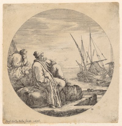 Deux marchands turcs se reposent sur la rive, près des barques - Stefano della Bella