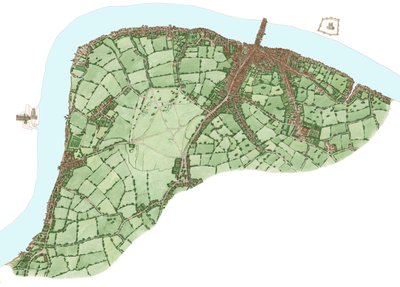 La rive sud, Londres, entre Vauxhall et Bermondsey vers 1600, 2021 (encre et aquarelle, numérique) - Stephen Conlin