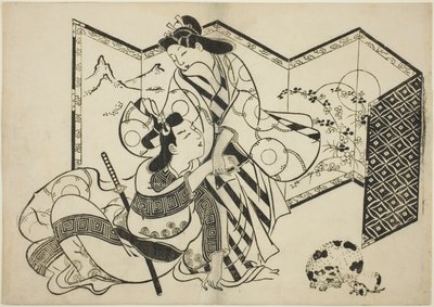 Amoureux, un chat et une souris devant un paravent - Sugimura Jihei
