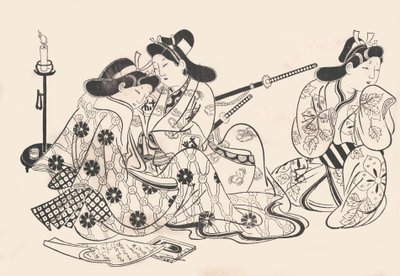 Samouraï et courtisane assis, un serviteur à côté d