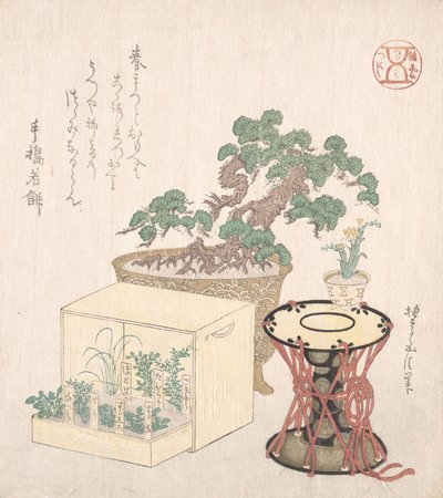 Pin en pot, tambour et sept herbes plantées dans une boîte, 18e-19e siècle - Sunayama Gosei