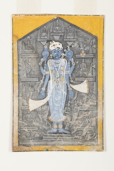 Une image de Vishnu entourée de bas-reliefs de ses avatars, c.1780 (gouache opaque et or sur papier) - Surdhaj Nanag Ram