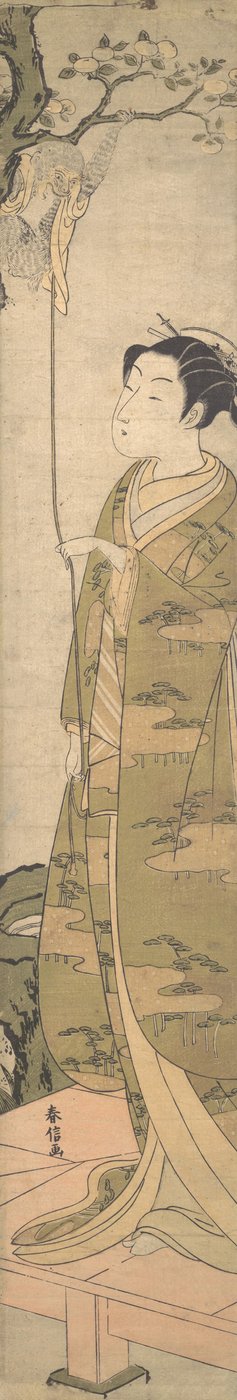 Une femme jouant avec un singe qui a grimpé à un arbre - Suzuki Harunobu