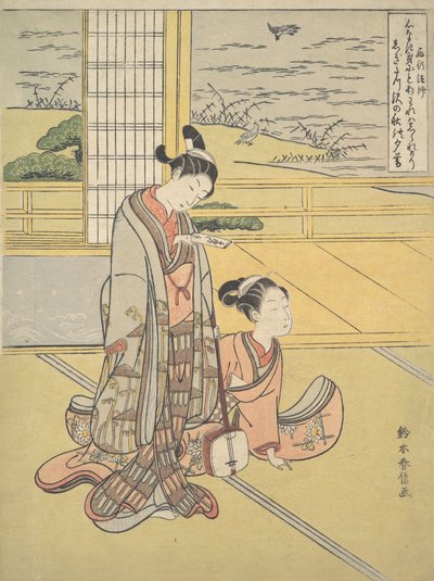 Un jeune homme et une femme avec un shamisen, moine Saigyo, d