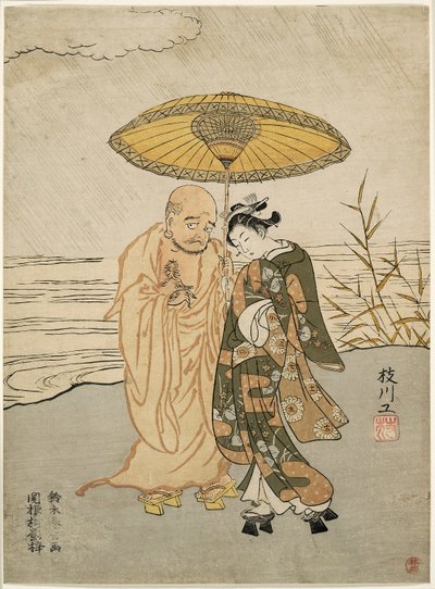 Daruma et une jeune femme sous la pluie - Suzuki Harunobu
