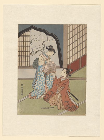 Une paire avec une cage à oiseaux - Suzuki Harunobu