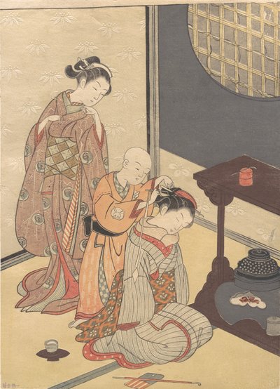 Pluie nocturne au Double-Shelf Stand, de la série Huit vues de salon - Suzuki Harunobu