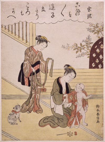 Une mère habillant son jeune fils en kimono - Suzuki Harunobu