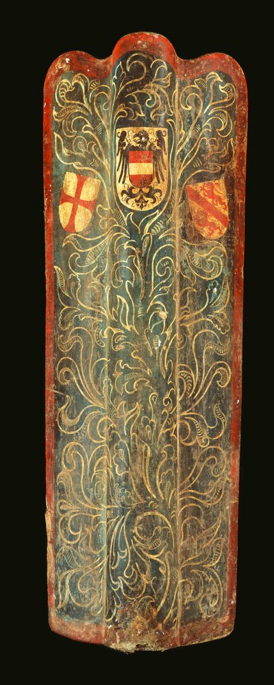 Pavise suisse rare en bois recouvert de toile peinte au gesso avec un motif de feuillage vert et les armoiries de Habsbourg, de la Ligue de Saint-Georges et de la ville de Winterthur, vers 1445 - Swiss School