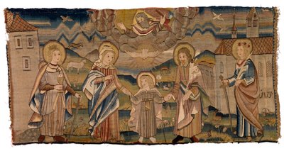 Panneau de tapisserie représentant Sainte Barbe, la Vierge Marie, la Sainte Trinité, Saint Joseph et Sainte Catherine ou l