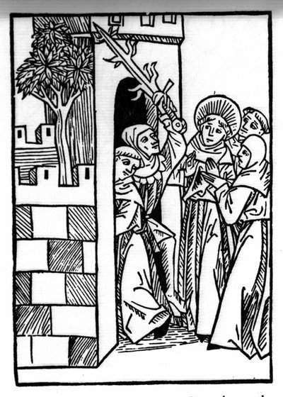La légende de Saint Brendan (Brandan), héros et saint irlandais du 6e siècle. Un des moines est emprisonné. Gravure de « Die Wunderbare Meerfahrt des Hl. Brandan. » Bâle - Swiss School