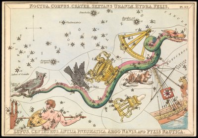 Noctua, Corvus, Crater, Sextans Uraniae, Hydra, Felis, Lupus, Centaurus, Antilia Pnuematica, Argo Navis et Pysix Nautica, vers 1825 - Sydney Hall