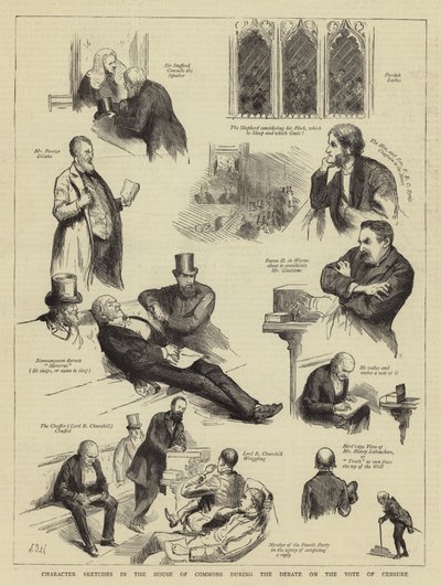 Croquis de personnages à la Chambre des communes pendant le débat sur le vote de censure - Sydney Prior Hall