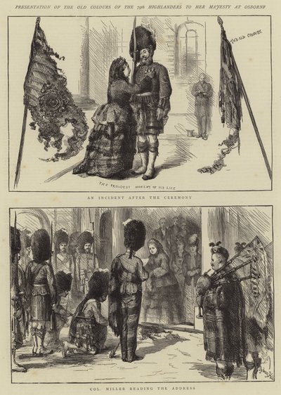 Présentation des anciennes couleurs des 79e Highlanders à Sa Majesté à Osborne - Sydney Prior Hall