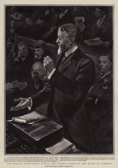 Sir Michael Hicks-Beach prononçant son discours budgétaire à la Chambre des communes - Sydney Prior Hall