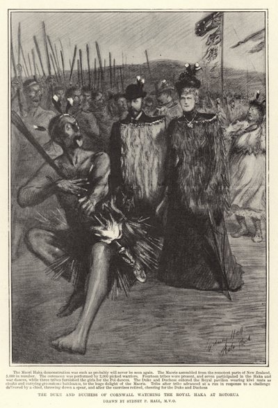 Le duc et la duchesse de Cornouailles regardant le Haka royal à Rotorua - Sydney Prior Hall