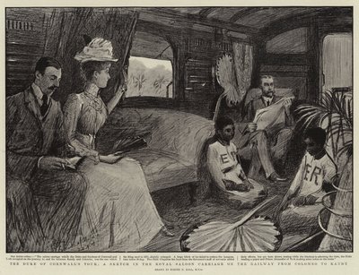 La Tournée du Duc de Cornouailles, un Croquis dans le Wagon-Salon Royal sur le Chemin de Fer de Colombo à Kandy - Sydney Prior Hall