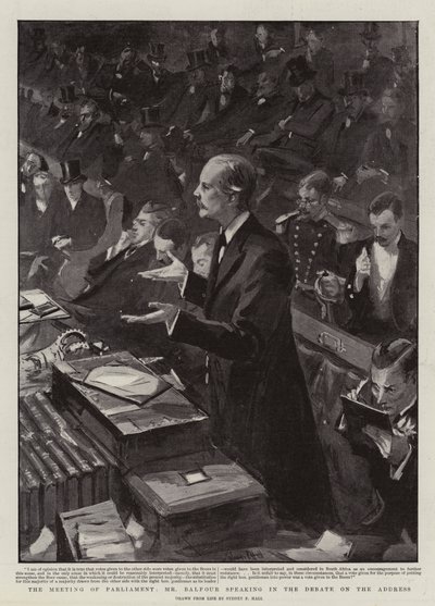 La réunion du Parlement, M. Balfour parlant dans le débat sur l