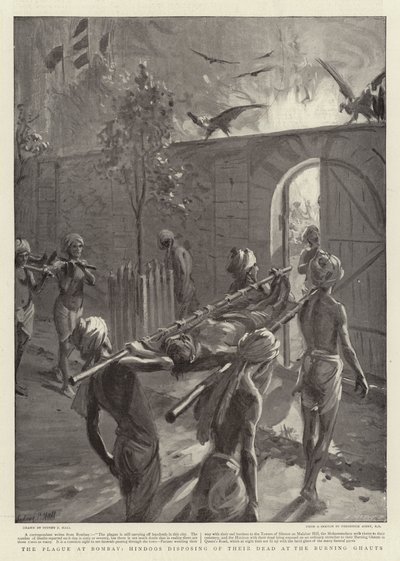 La peste à Bombay, les hindous disposant de leurs morts aux ghats de crémation - Sydney Prior Hall