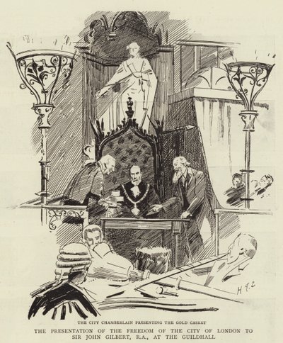 La présentation de la liberté de la ville de Londres à Sir John Gilbert, RA, au Guildhall - Sydney Prior Hall