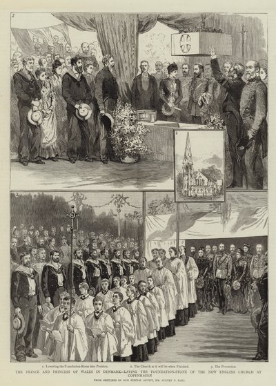 Le Prince et la Princesse de Galles au Danemark, posant la première pierre de la nouvelle église anglaise à Copenhague - Sydney Prior Hall