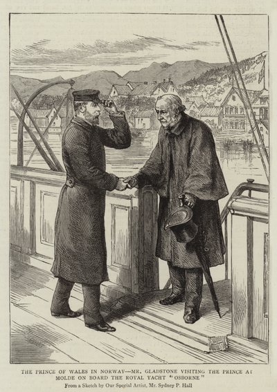 Le Prince de Galles en Norvège, M. Gladstone visitant le Prince à Molde à bord du yacht royal Osborne - Sydney Prior Hall