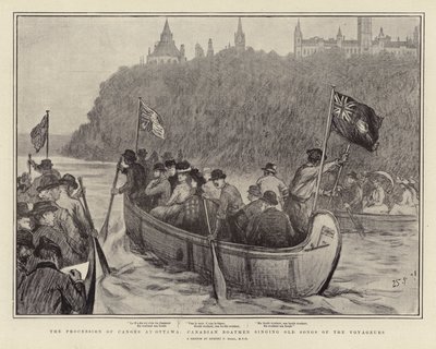 La procession des canoës à Ottawa, les bateliers canadiens chantant de vieilles chansons des voyageurs - Sydney Prior Hall