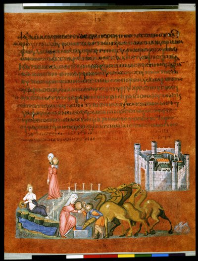 Pleine page : texte et miniature : Rébecca et Eliézer au puits à l