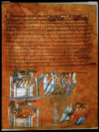 Pleine page : texte et miniature : Le sauvetage de Loth (miniature sur parchemin) - Syrian School