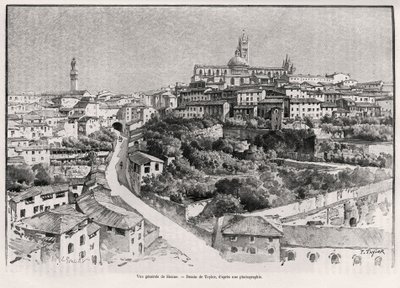 Vue générale de Sienne (Italie). Gravure de Taylor pour illustrer le récit « À travers la Toscane » par Eugène Müntz (1845-1902), dans Le Tour du Monde 1892, dirigé par Édouard Charton (1807-1891), Hachette, Paris. - T Taylor