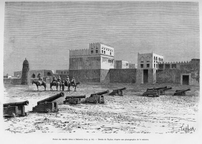 Palais du Sheikh Aissa à Bahreïn, Tchad. Gravure de Taylor pour illustrer le récit À Suse, journal des excavilles - T Taylor