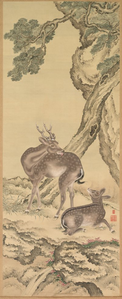 Symboles de longévité : Cerf sous pêche et pin (gauche), Paire de rouleaux suspendus - Tadanaka Toda