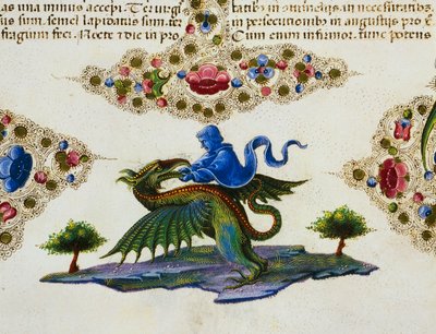 Frise de bordure au pied de la page avec figure de génie et monstre ailé, Volume II f 198, v, Bible de Borso d
